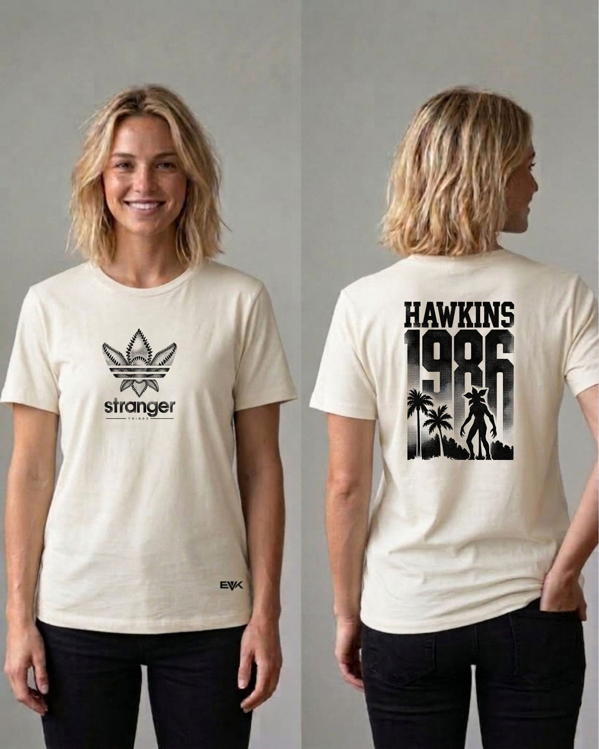 Camiseta Frente e Costas Off-White Stranger Things – Hawkins 1986